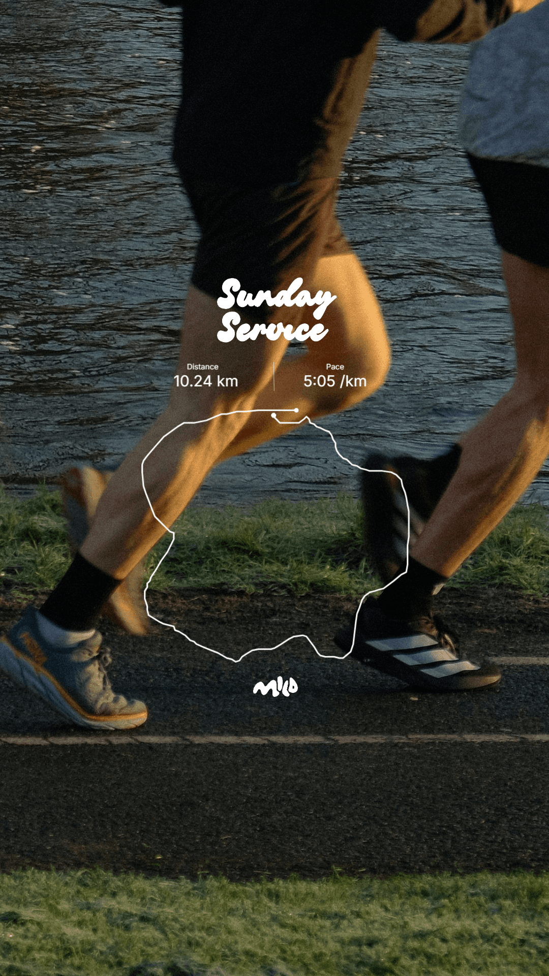 Runners by the water with a Sunday Service branded overlay showing distance and pace